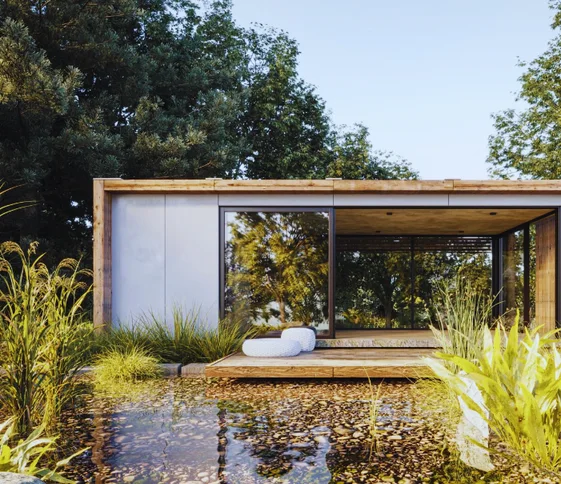 Casa modular com deck e fachada em madeira