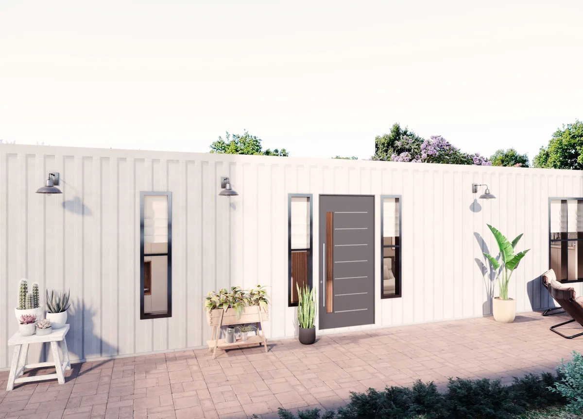 Fachada de casa modular em container branco