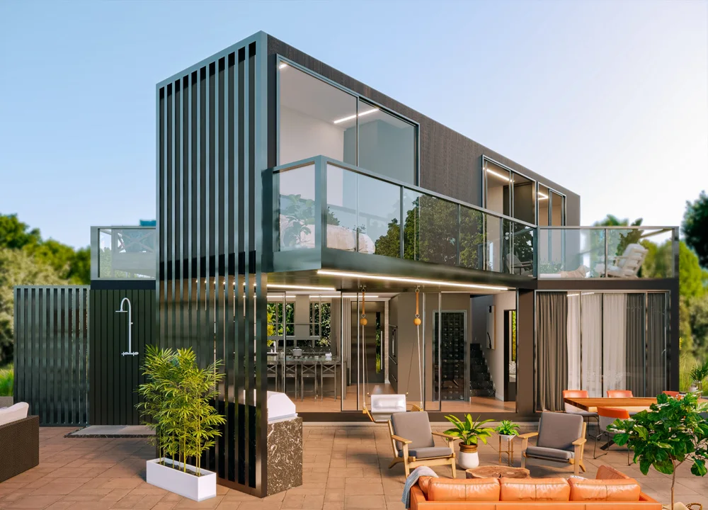 Fachada com volumes de container e vidro